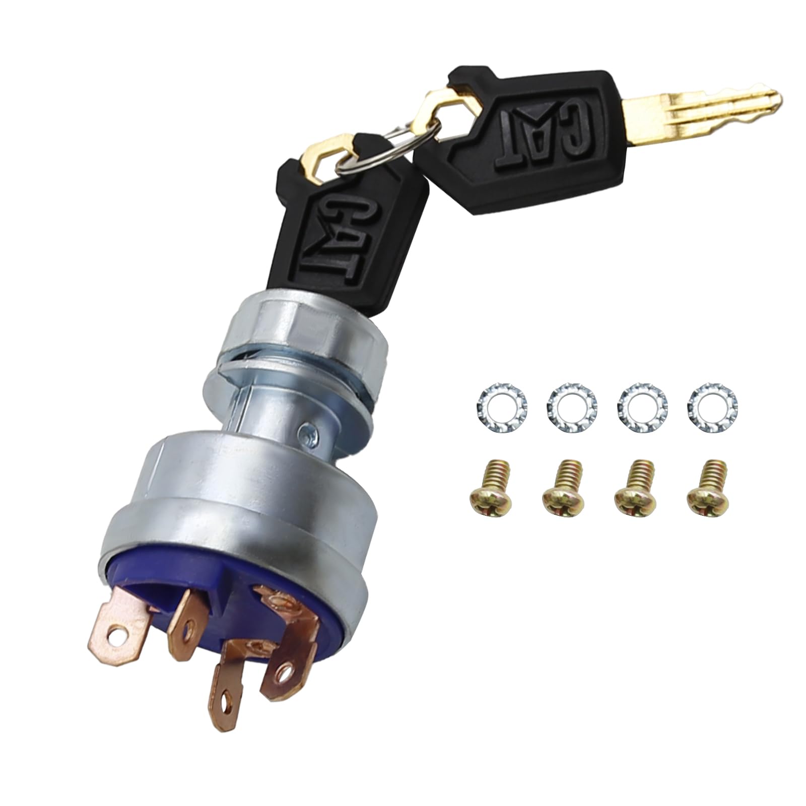 A metal ignition switch with two black keys labeled CAT, accompanied by four small screws and four matching washers.