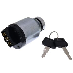 A metal ignition switch cylinder with a black plastic base and two matching keys on a ring.