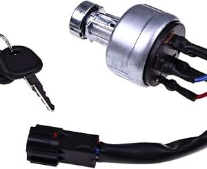 A metal ignition switch for heavy machinery with a wiring harness and two black keys on a ring.