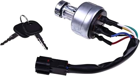 A metal ignition switch for heavy machinery with a wiring harness and two black keys on a ring.