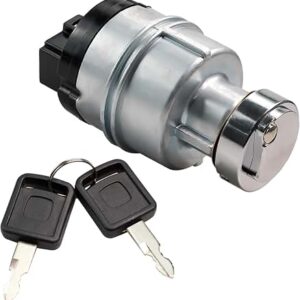 A metallic cylindrical ignition switch for heavy machinery shown with two matching black keys on a ring.