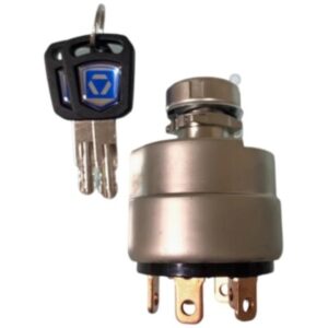 A metallic ignition switch with five electrical terminals at the base, accompanied by two matching keys with blue and black plastic heads.
